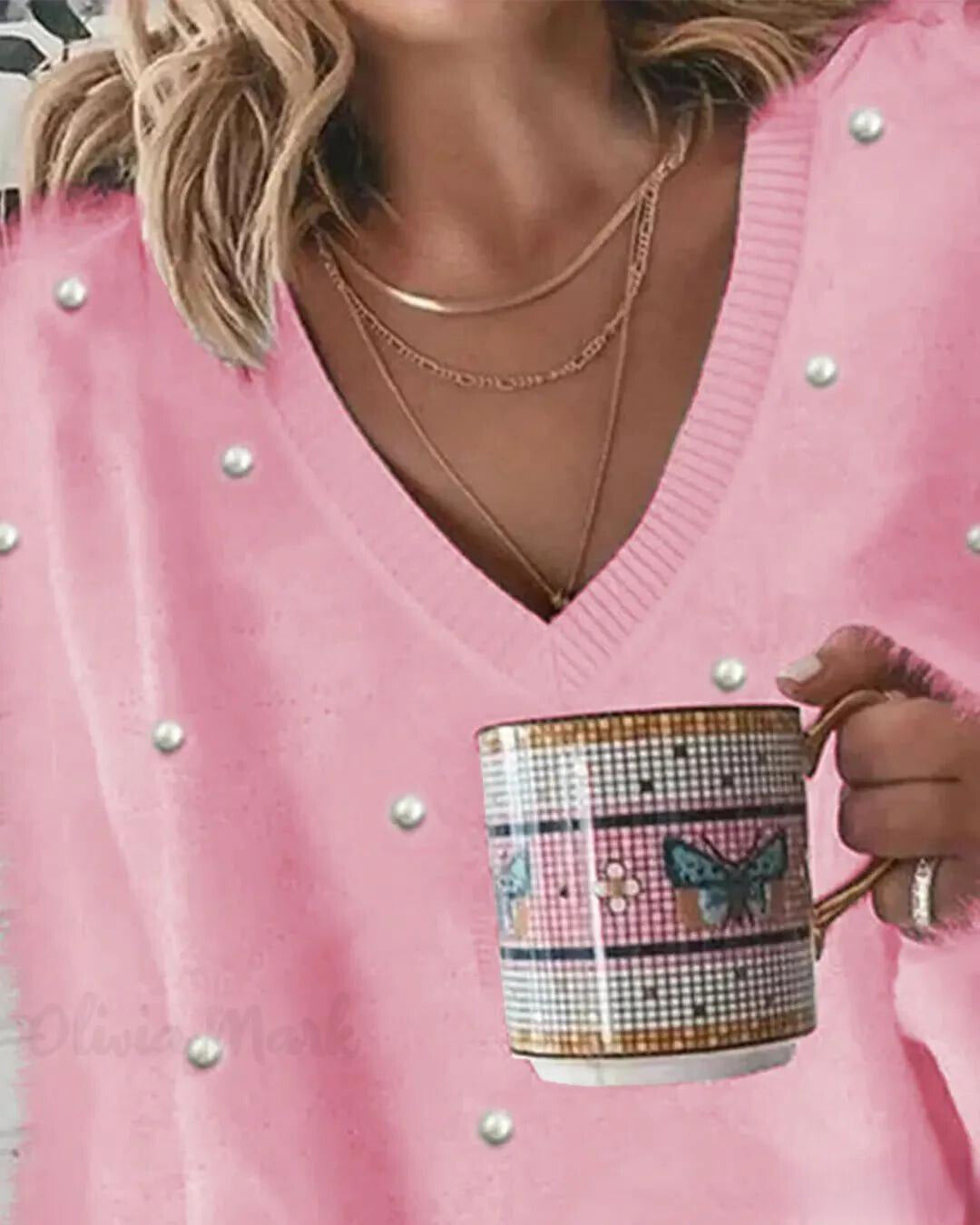 Flauschiges Langarmpullover mit Perlen für Damen
