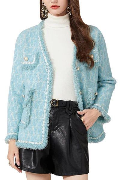 Strickstrickjacke aus hellblauem Tweed