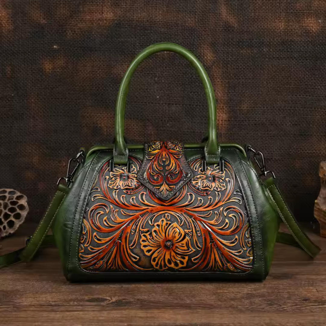 Florina - Gegravierte Lederhandtasche mit Blumenmuster