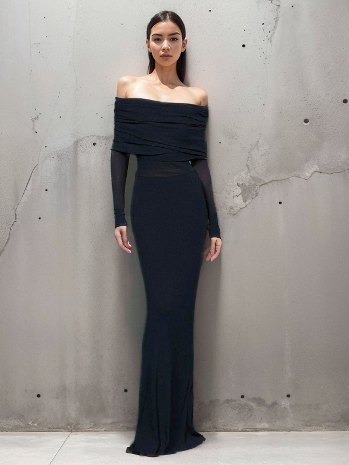 Elithra – Off-Shoulder-Overfold-Mesh-Maxikleid