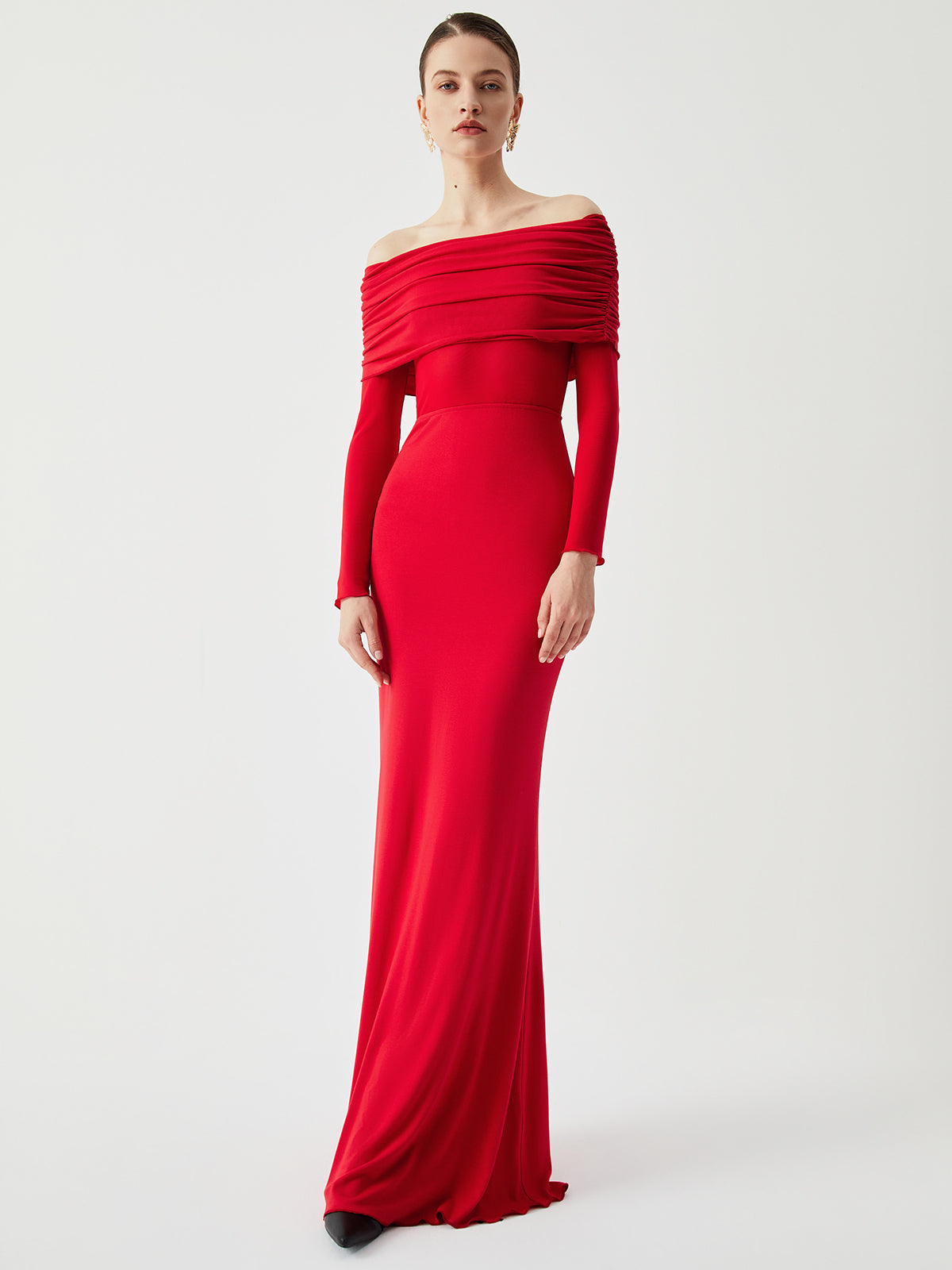 Elithra – Off-Shoulder-Overfold-Mesh-Maxikleid