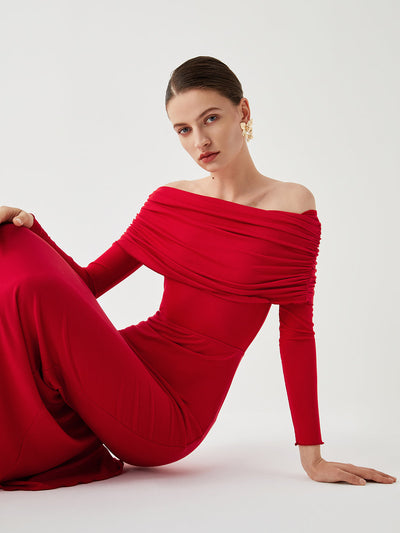 Elithra – Off-Shoulder-Overfold-Mesh-Maxikleid