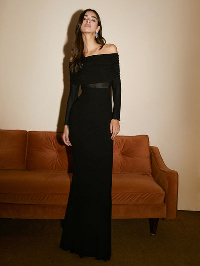 Elithra – Off-Shoulder-Overfold-Mesh-Maxikleid