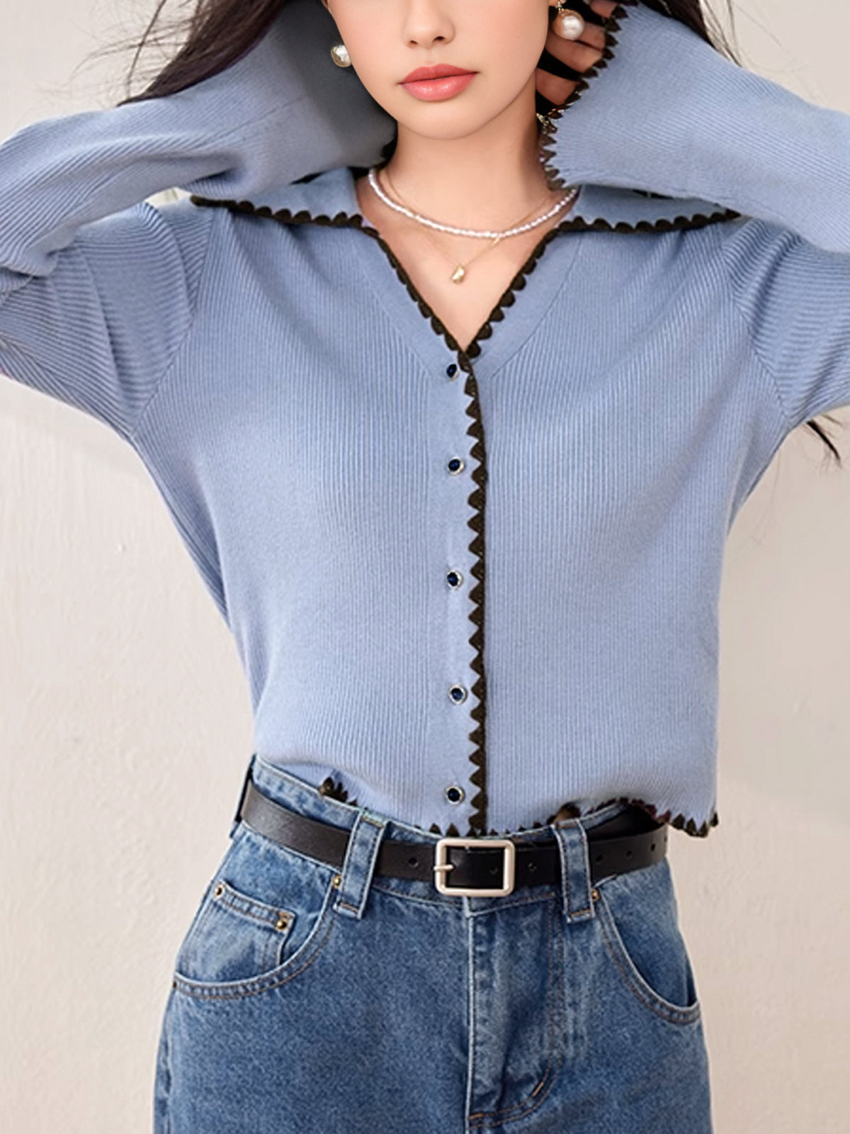 Strickoberteil mit Zickzackkante | Kragen | Schmale Passform