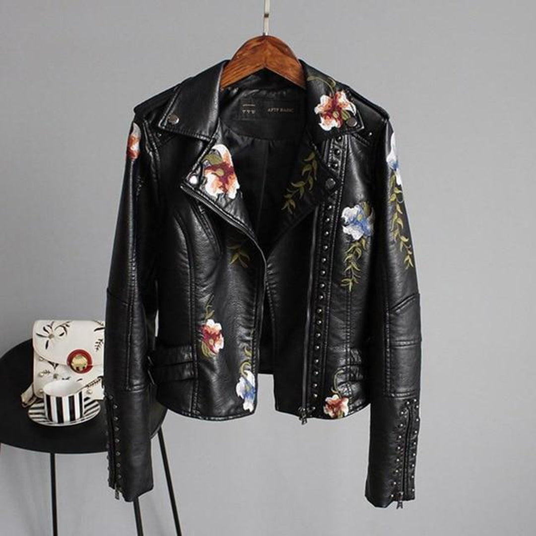 Stylische Lederjacke mit Blumenmuster für Frauen
