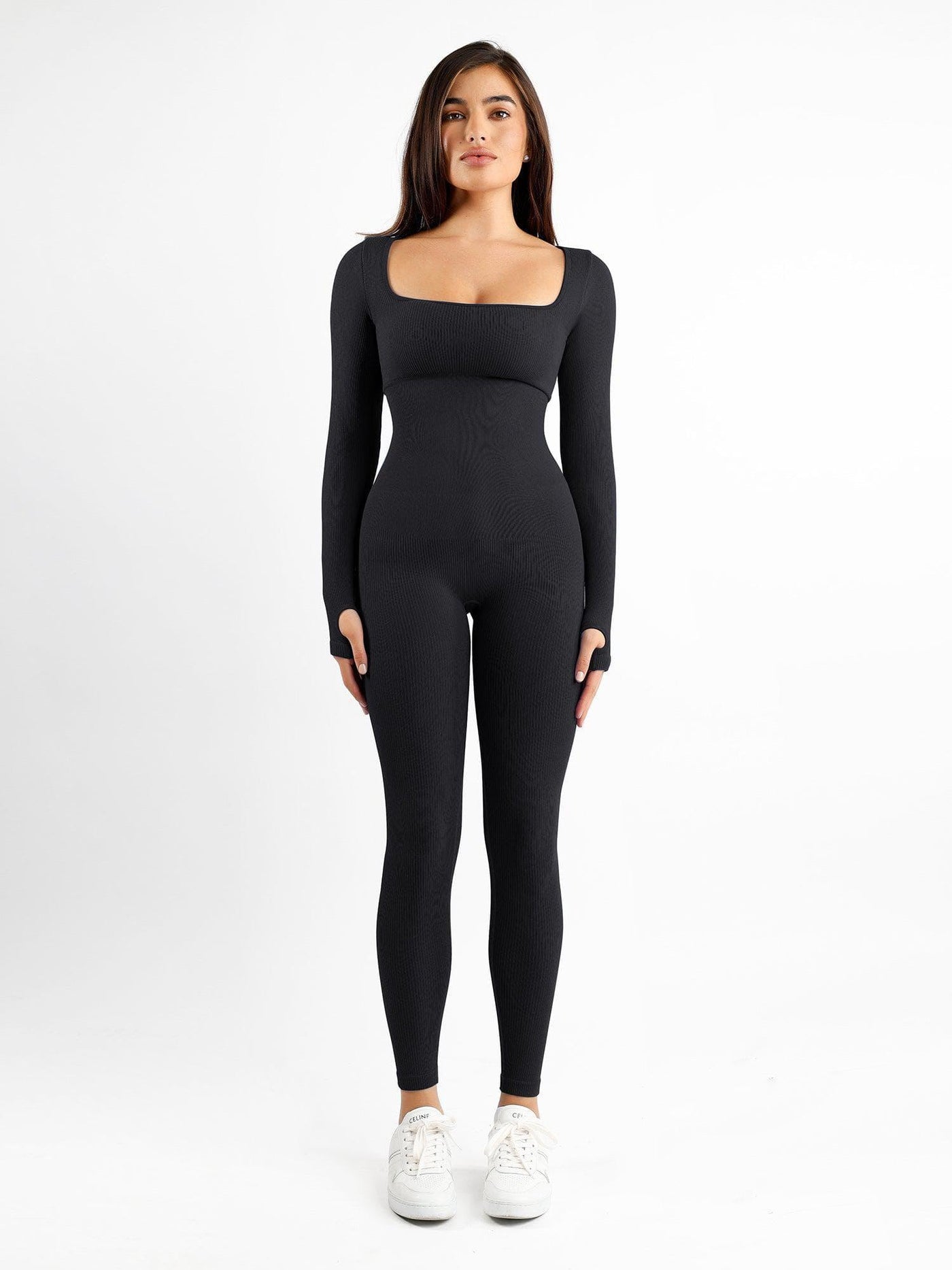 Nahtloser Langarm-Jumpsuit mit quadratischem Ausschnitt