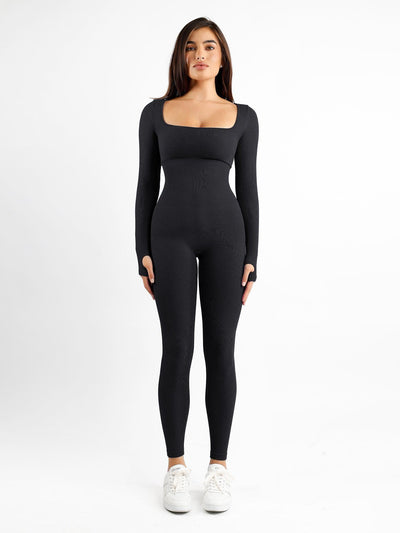 Nahtloser Langarm-Jumpsuit mit quadratischem Ausschnitt