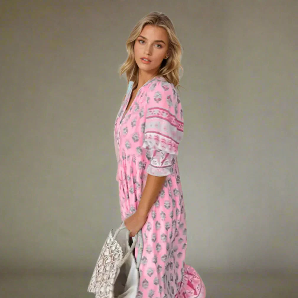 Luftiges Damen Boho-Kleid - Leichte Sommer-Tunika mit ausdrucksstarkem Ethno-Muster