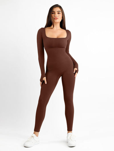 Nahtloser Langarm-Jumpsuit mit quadratischem Ausschnitt