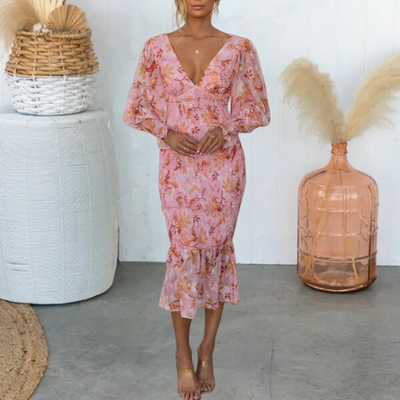 Midi-Kleid Damen romantisch | Blumendruck & Weiblicher Schnitt