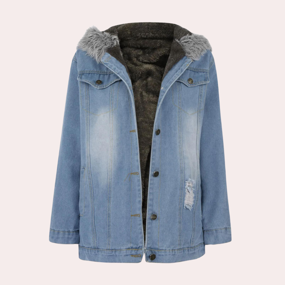 Jeansjacke mit Kunstpelzkapuze für Frauen