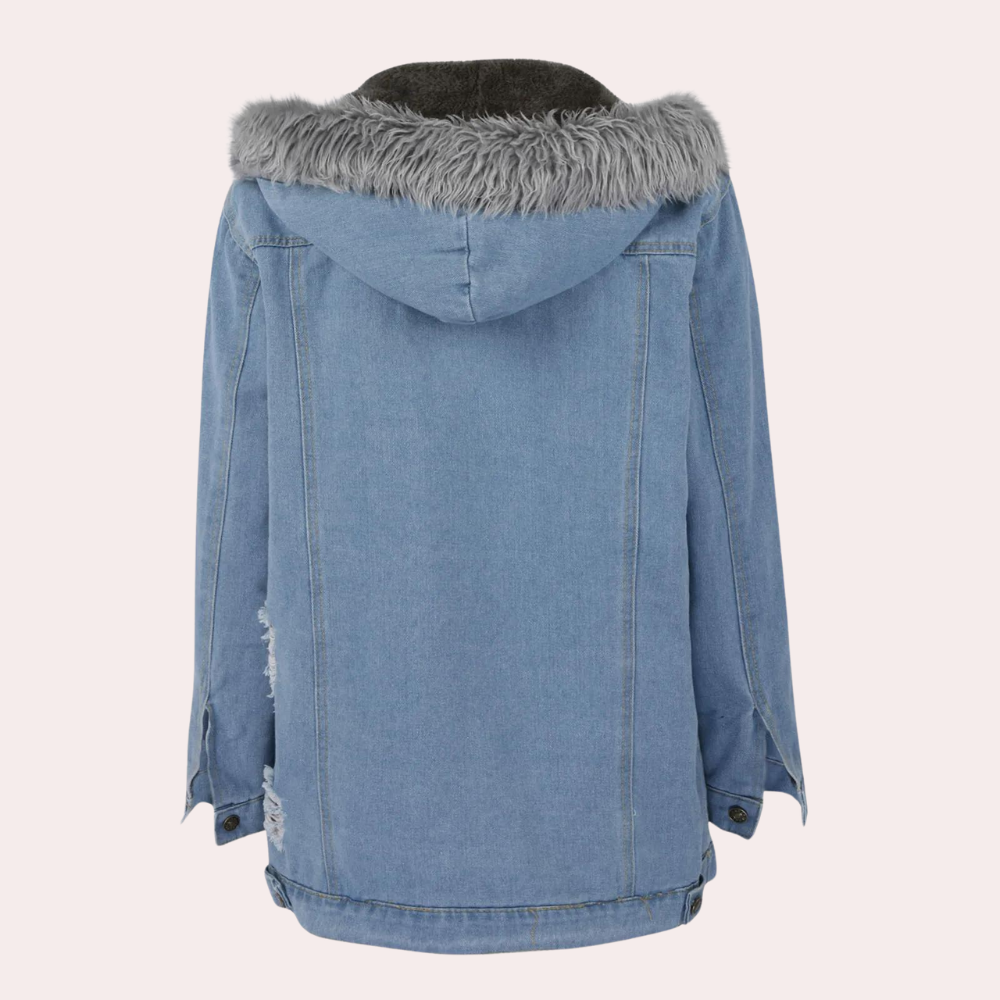 Jeansjacke mit Kunstpelzkapuze für Frauen