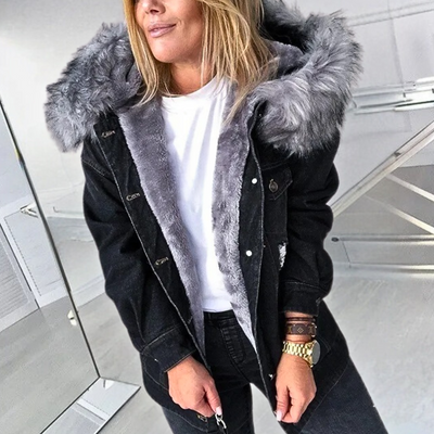 Jeansjacke mit Kunstpelzkapuze für Frauen