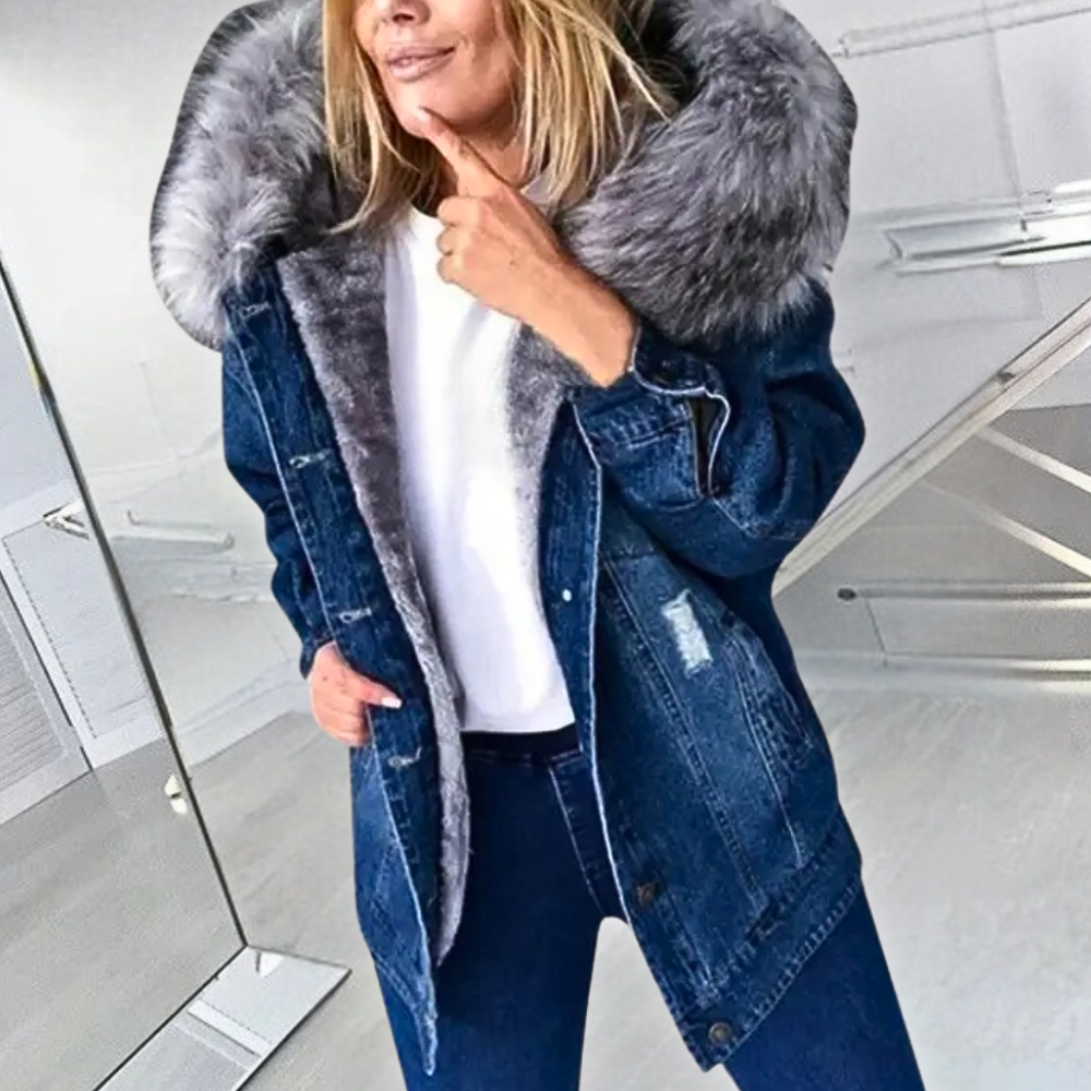 Jeansjacke mit Kunstpelzkapuze für Frauen