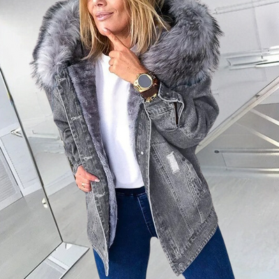 Jeansjacke mit Kunstpelzkapuze für Frauen