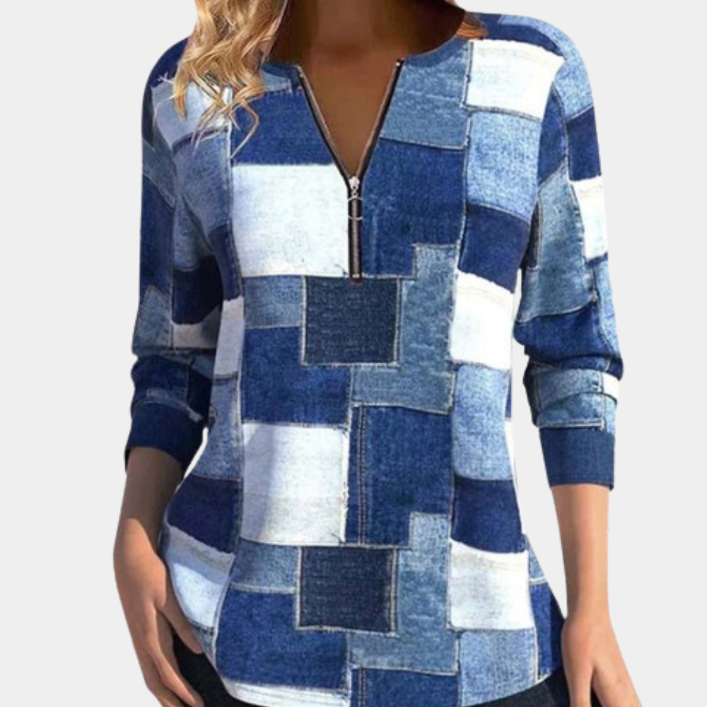 Denim Patchwork Zip-Up Oberteil für Damen