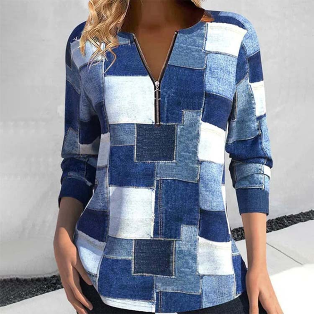 Denim Patchwork Zip-Up Oberteil für Damen