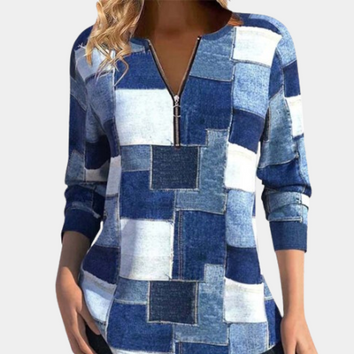 Denim Patchwork Zip-Up Oberteil für Damen