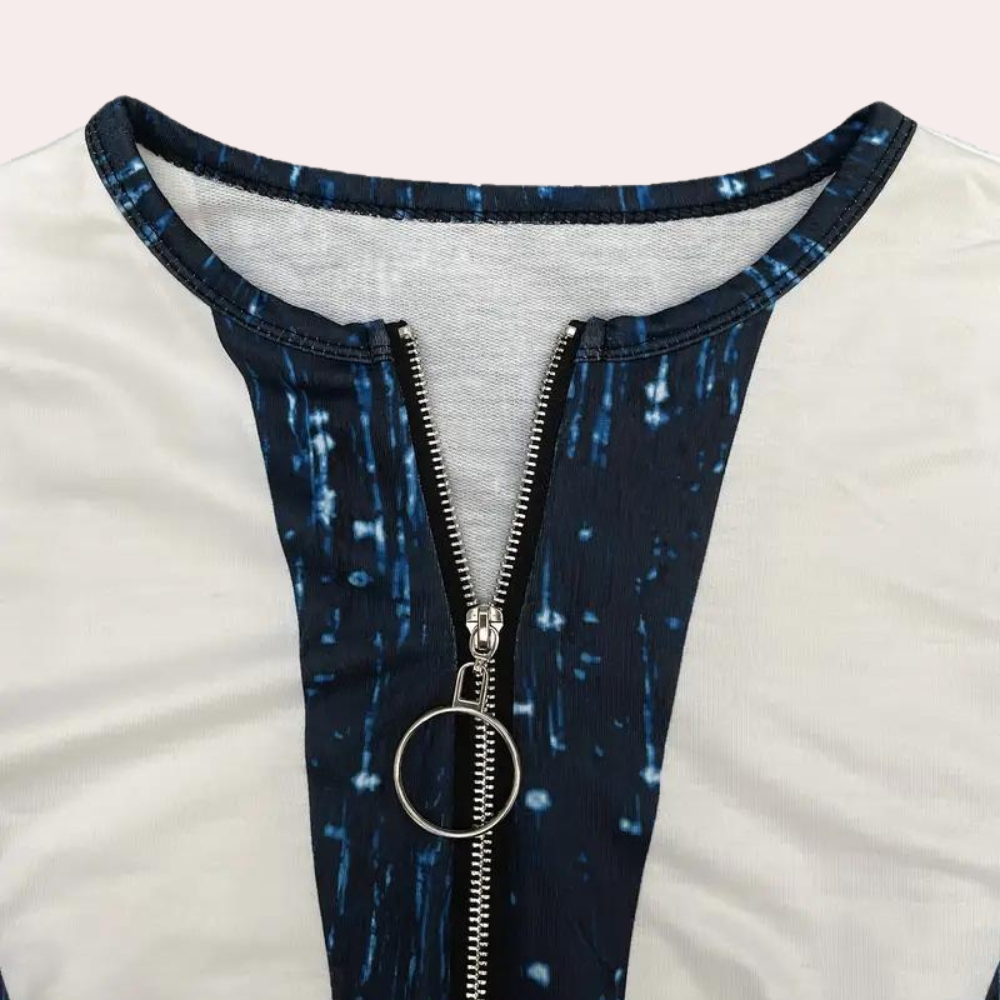 Gestreiftes Zip-Up-Oberteil mit V-Ausschnitt für Frauen