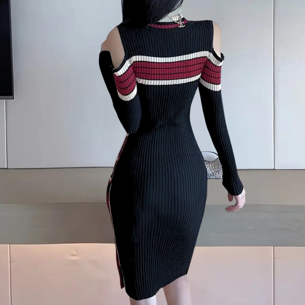 Damen Strickkleid figurbetont | Mit Kontraststreifen & Seitenschlitz-Design