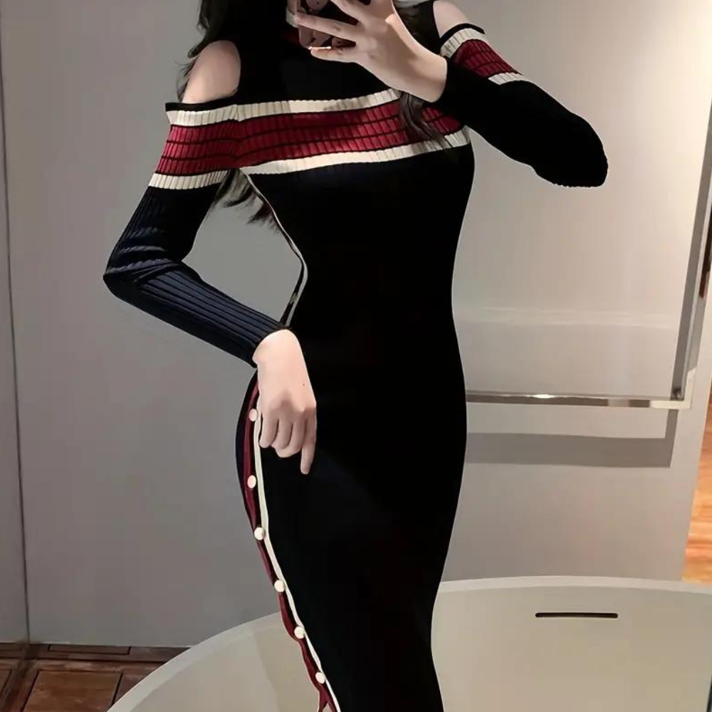 Damen Strickkleid figurbetont | Mit Kontraststreifen & Seitenschlitz-Design