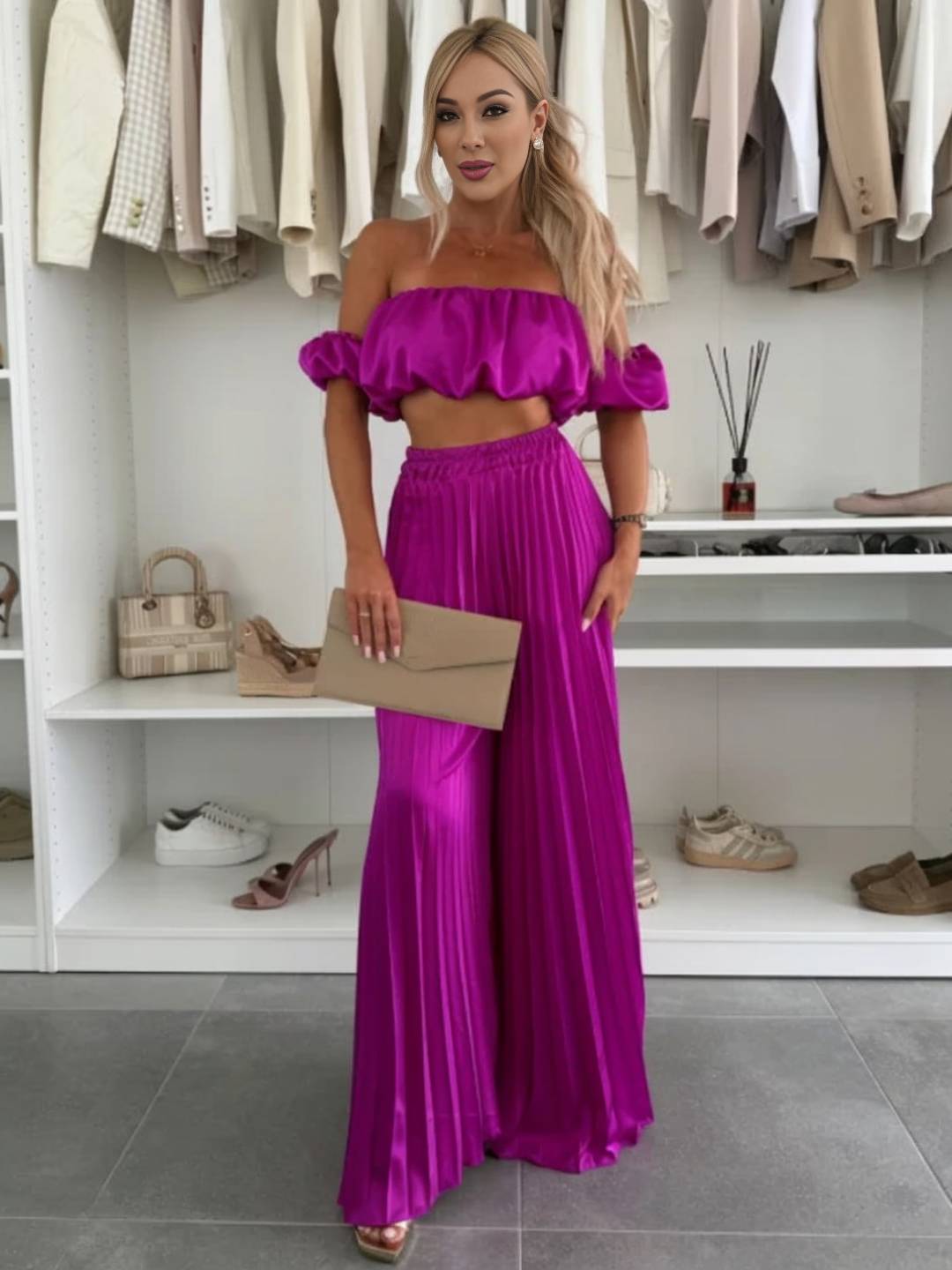 Araceli | Zweiteiliges Set mit Plisseehose und schulterfreiem Oberteil