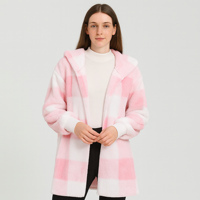 Ava | Damen Fleece-Cardigan mit Kapuze und Karomuster