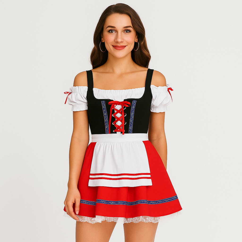Oktoberfest Dirndl Damen – Elegantes Schwarz-Rotes Kleid mit Spitze & Rüschen