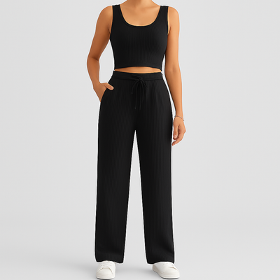 2-teiliges Sommer-Set für Damen – Ärmelloses Crop-Top und strukturierte Hose mit hoher Taille