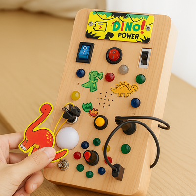 Dinosaurier-Aktivitätsspielzeug aus Holz – Lernschachspiel mit Lichtern, Musik und Sensoren