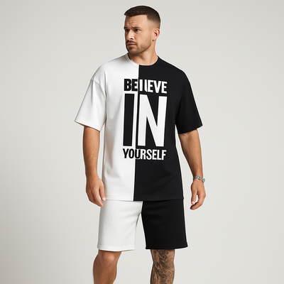 Herren-Motivationsset mit Farbblock-Print – „Glaub an dich selbst“ T-Shirt & passende Shorts