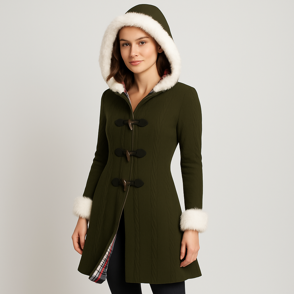 Selena | Damen-Kapuzenmantel mit kariertem Patchwork und Hornknöpfen