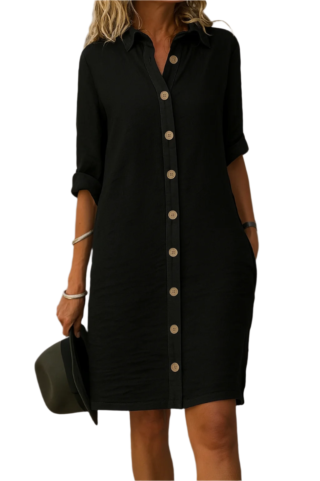 UrbanEase Midi-Hemdkleid mit Knöpfen vorne – Moderner schwarzer Knopf-Hemdkleid in knieumspielender Länge