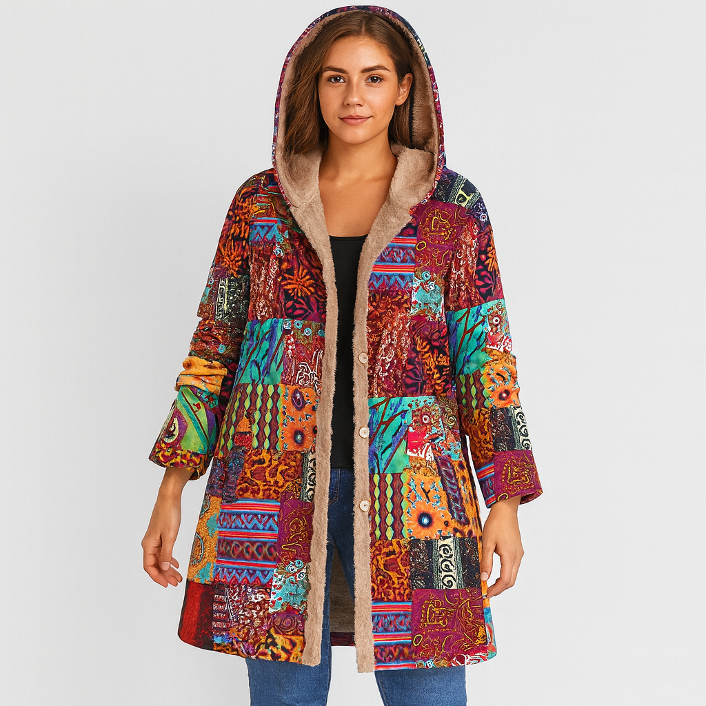 Selene | Bohemian Patchwork Wintermantel mit Kapuze