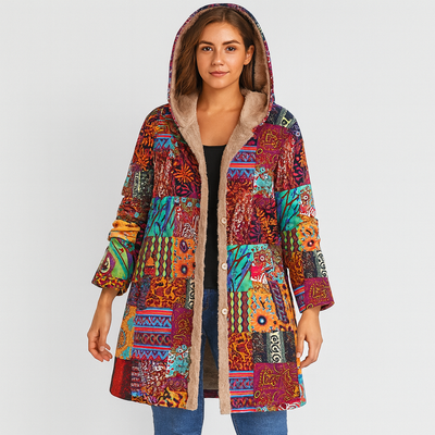 Selene | Bohemian Patchwork Wintermantel mit Kapuze
