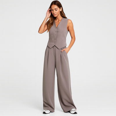 Elegantes 2-teiliges Set für Damen – Ärmelloses Top mit V-Ausschnitt und passende einfarbige Hose