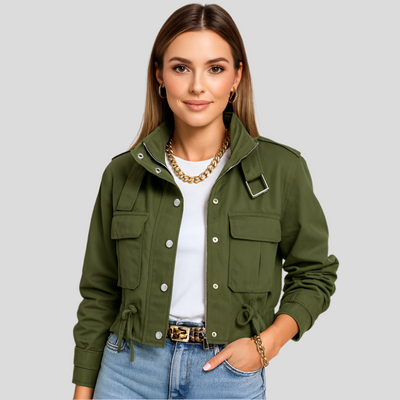 Kurzer Pilotenblouson für Damen – Elegante Reißverschluss-Applikation mit elastischem Bund