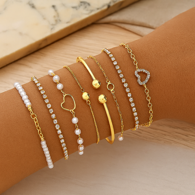8-teiliges elegantes Armbandset – Herzanhänger & Lagenschmuck für Damen