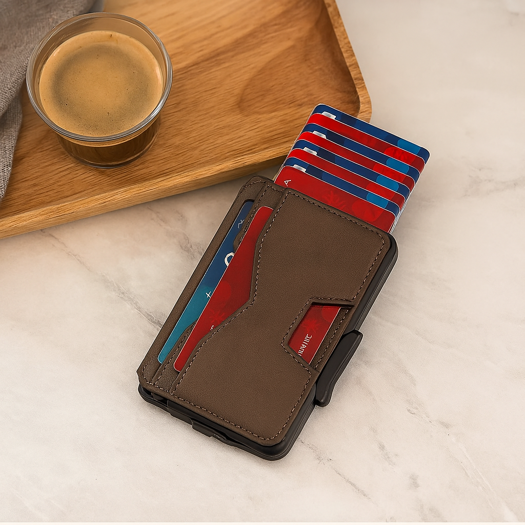 Aluminium-Kartenetui für Herren – RFID-blockierend mit Magnetverschluss und PU-Lederbesatz