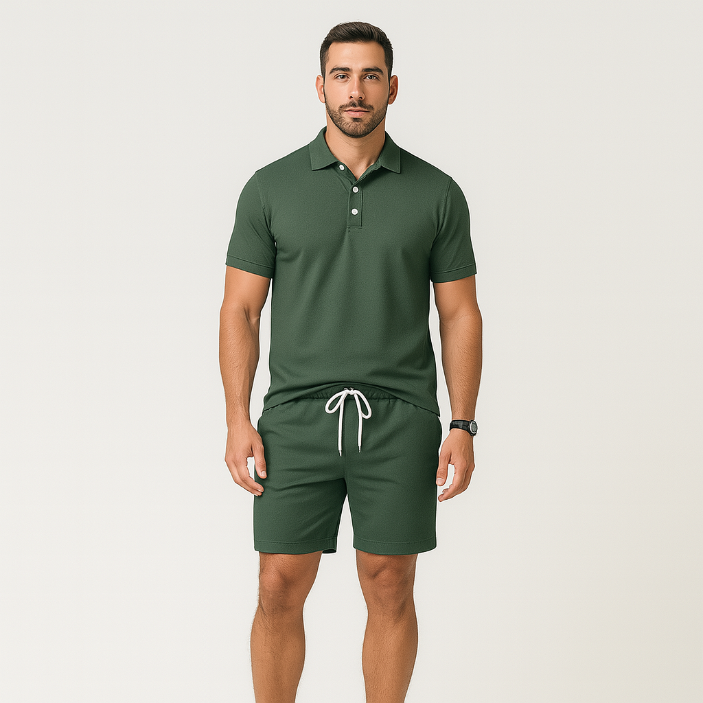 2-teiliges Herren-Poloshirt-Set – Kurzarmhemd mit Kragen und Shorts mit Kordelzug in Dunkelgrün