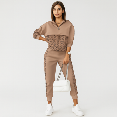 Schicker 2-teiliger Trainingsanzug für Damen – Kariertes Reißverschlussoberteil & schmal zulaufende Hose mit Seitenstreifen