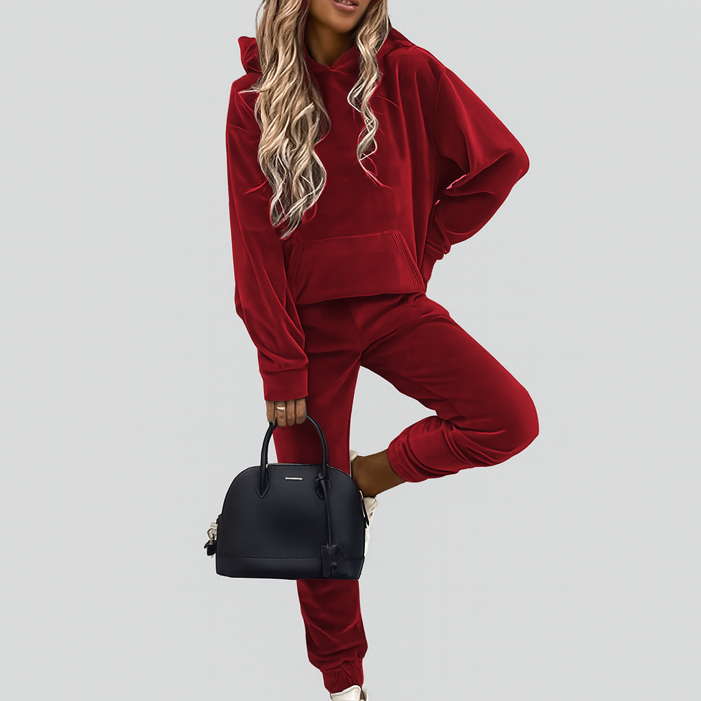 Damen Freizeitanzug 2-teilig – Unifarbener Kapuzenpullover mit Kängurutasche & schmal geschnittene Jogginghose