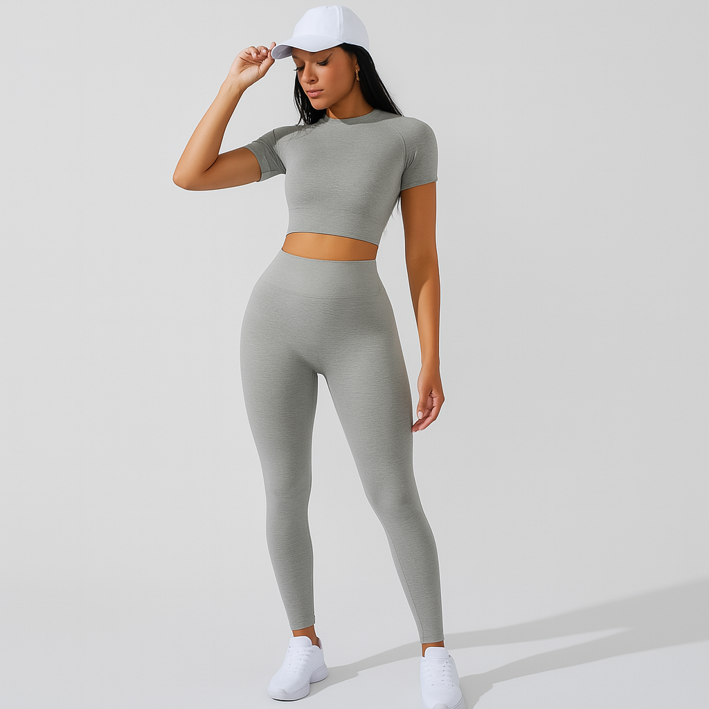 Damen Sportset 2-teilig – Kurzarm Top & High Waist Leggings für Yoga & Pilates