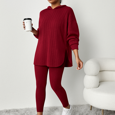 Damen Zweiteiler aus Rippstrick – Kapuzenpullover mit langen Ärmeln & Skinny Hose – Lässiges Freizeit-Outfit