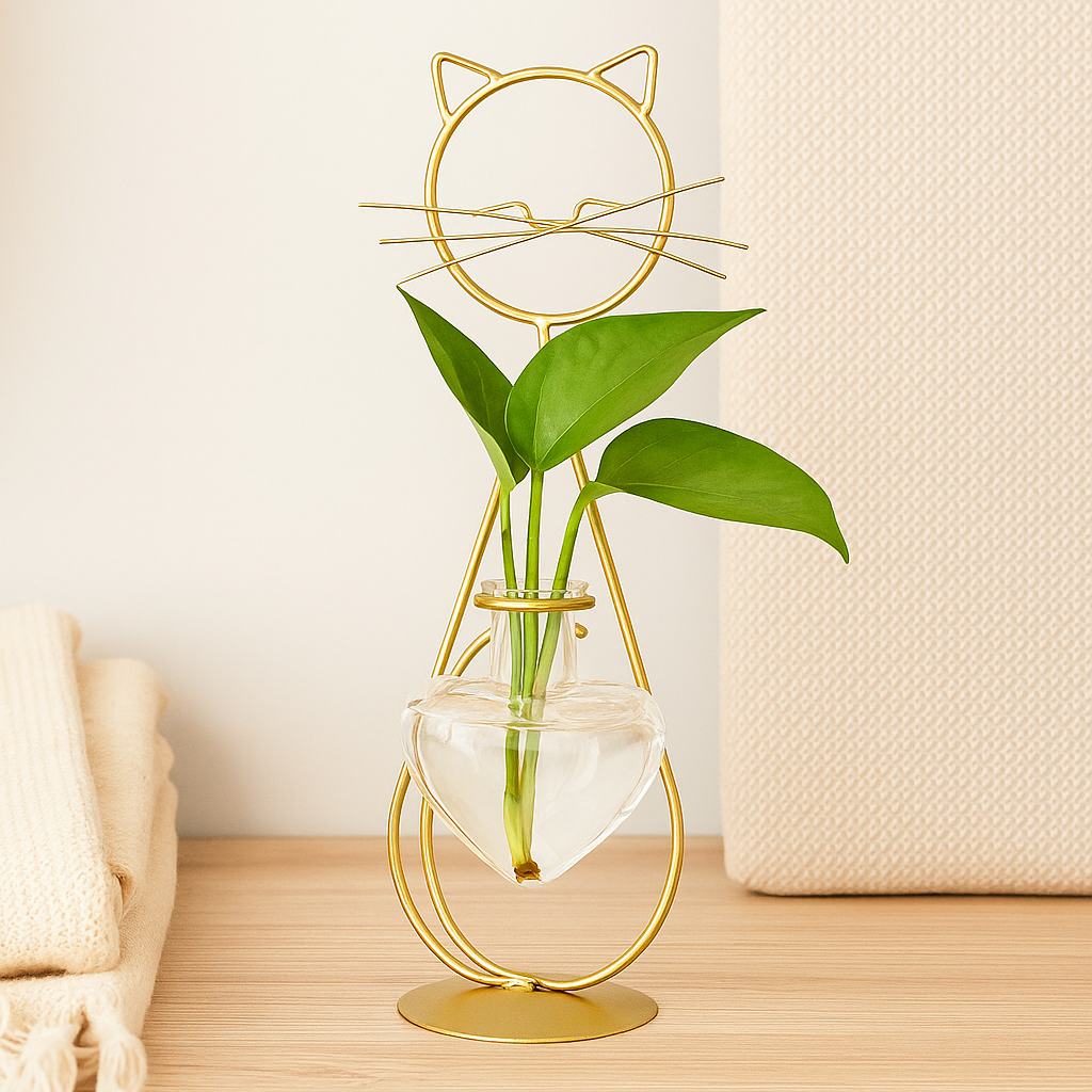 FelineBloom – Herzförmiger Glas-Pflanzkasten mit katzeninspiriertem Halter