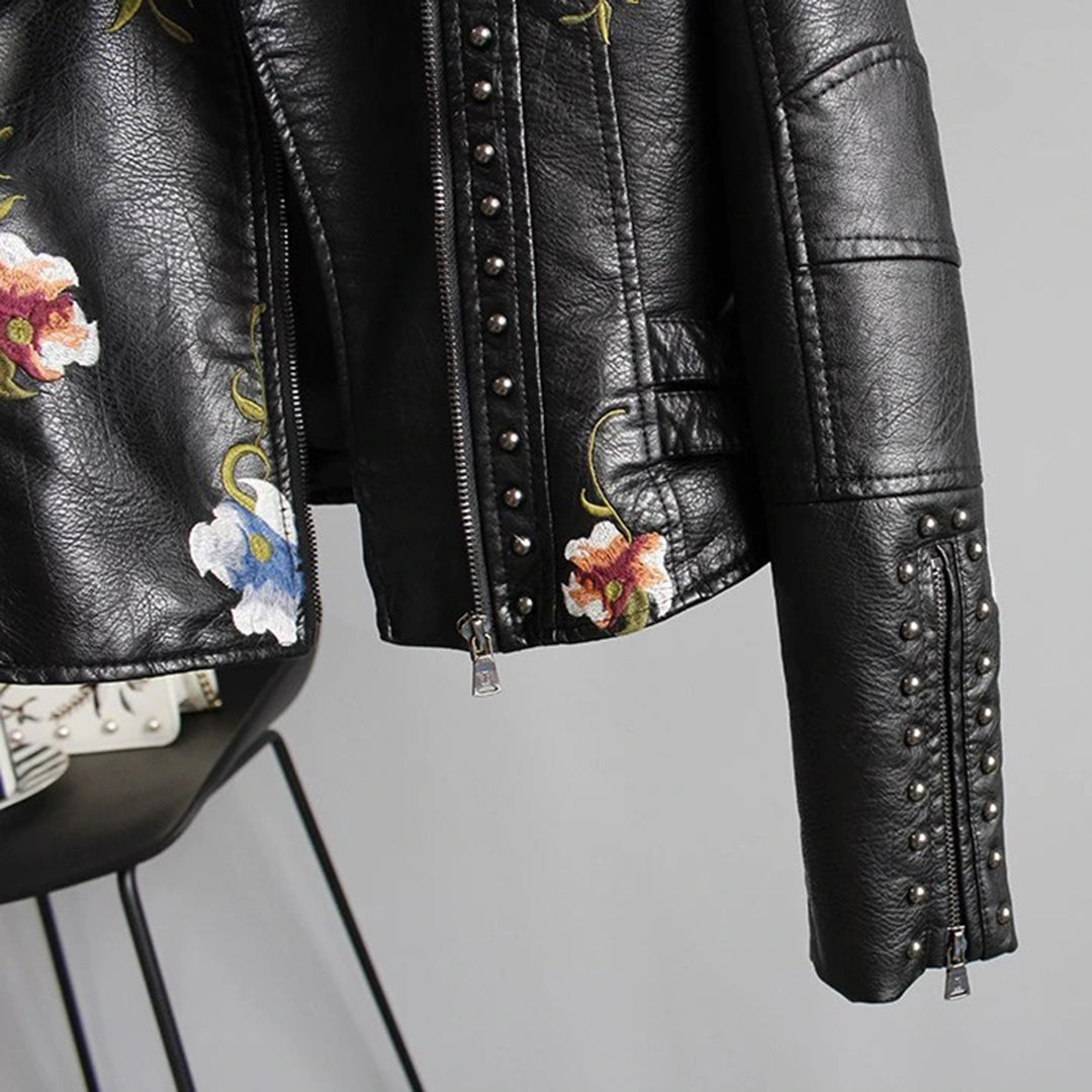 Stylische Lederjacke mit Blumenmuster für Frauen