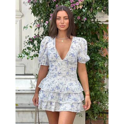 Mini-Kleid mit Rüschen | Florales Muster | Puffärmel