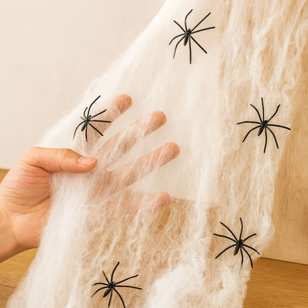 CreepWeb Halloween Deko – 200 g Spinnennetz mit 10 Plastikspinnen