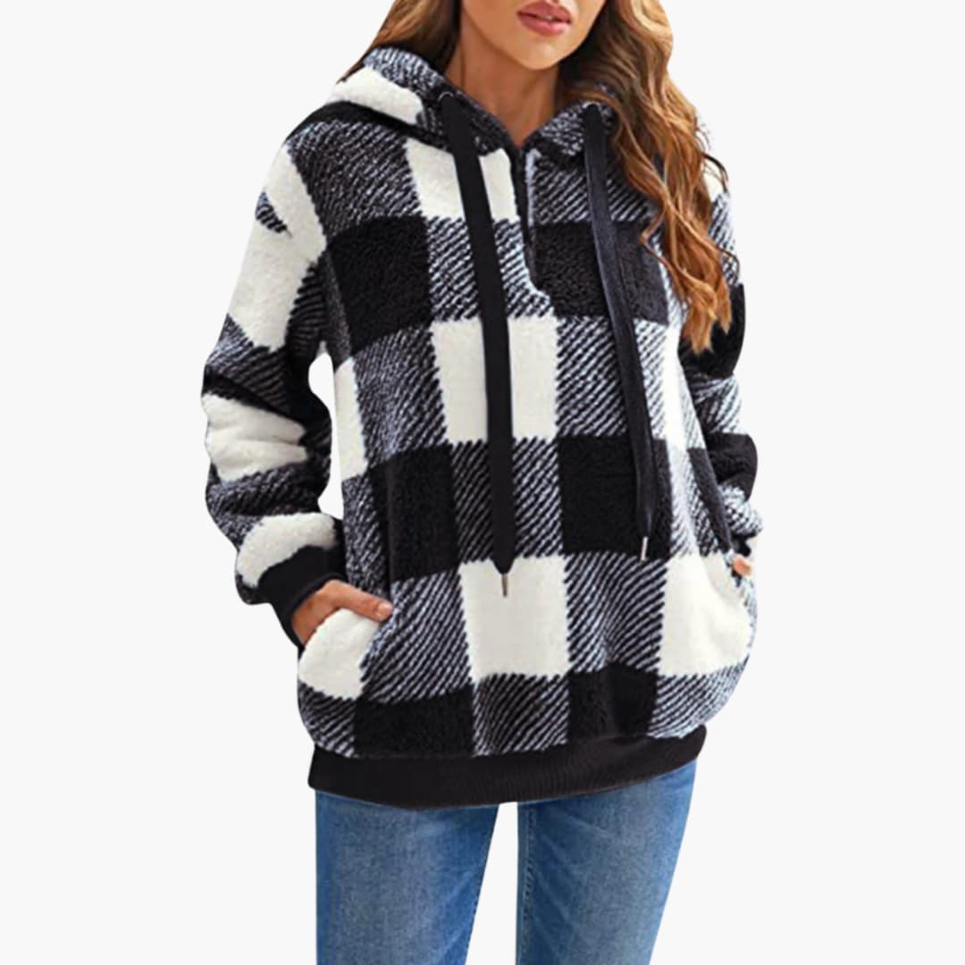 Damen Kapuzen pullover mit Karo-Muster Kängurutasche