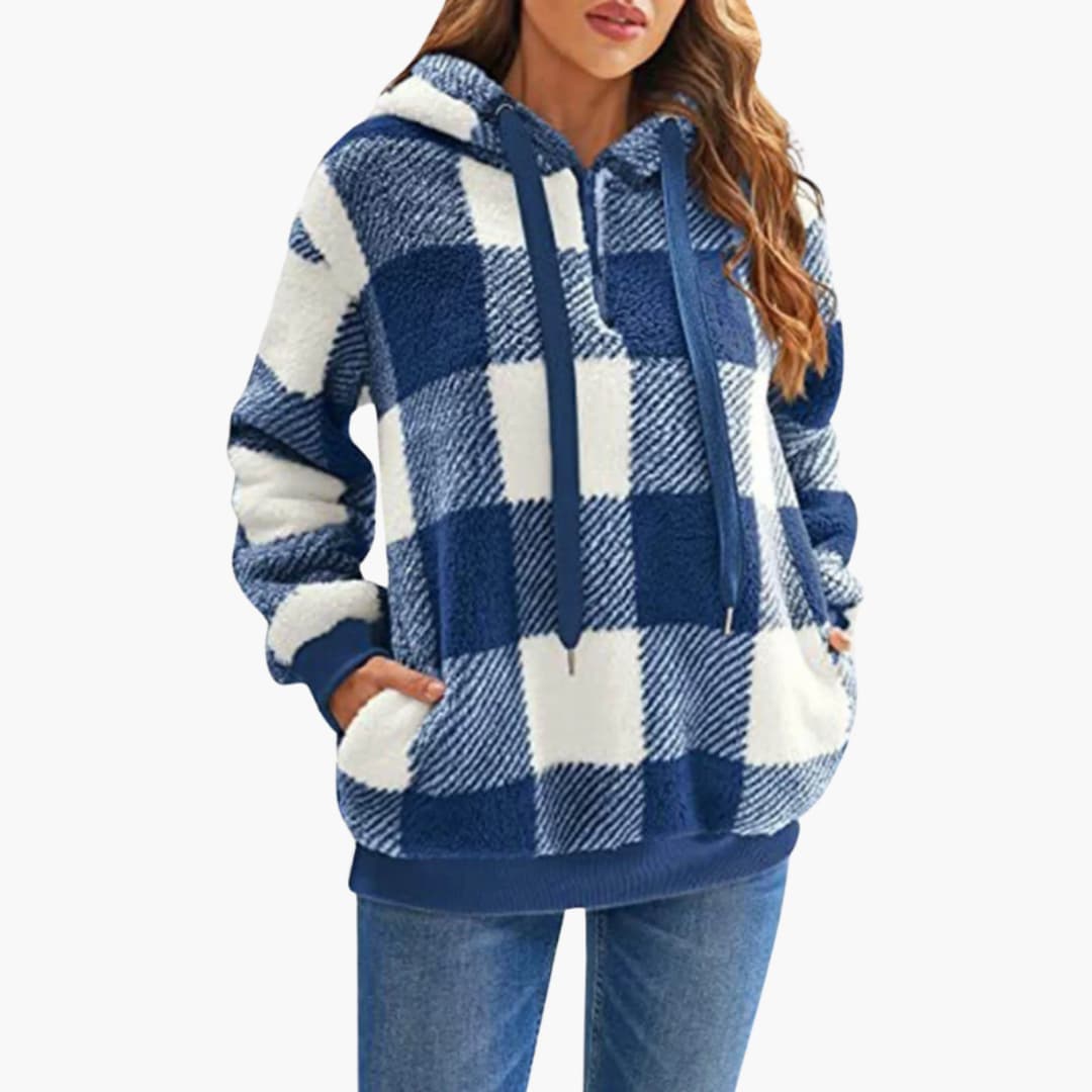 Damen Kapuzen pullover mit Karo-Muster Kängurutasche